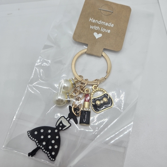 Retro Lady Lipstick Purse Sparkly Pearls Keychain - Picture 2 of 2